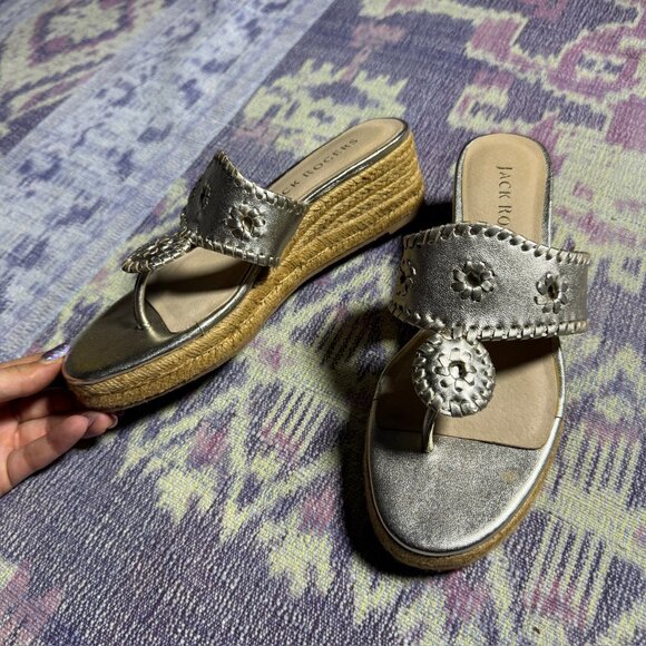 Jack Rogers Jacks Metallic Silver Leather Mid Wedge Sandals Women's Size 8M - Picture 1 of 8